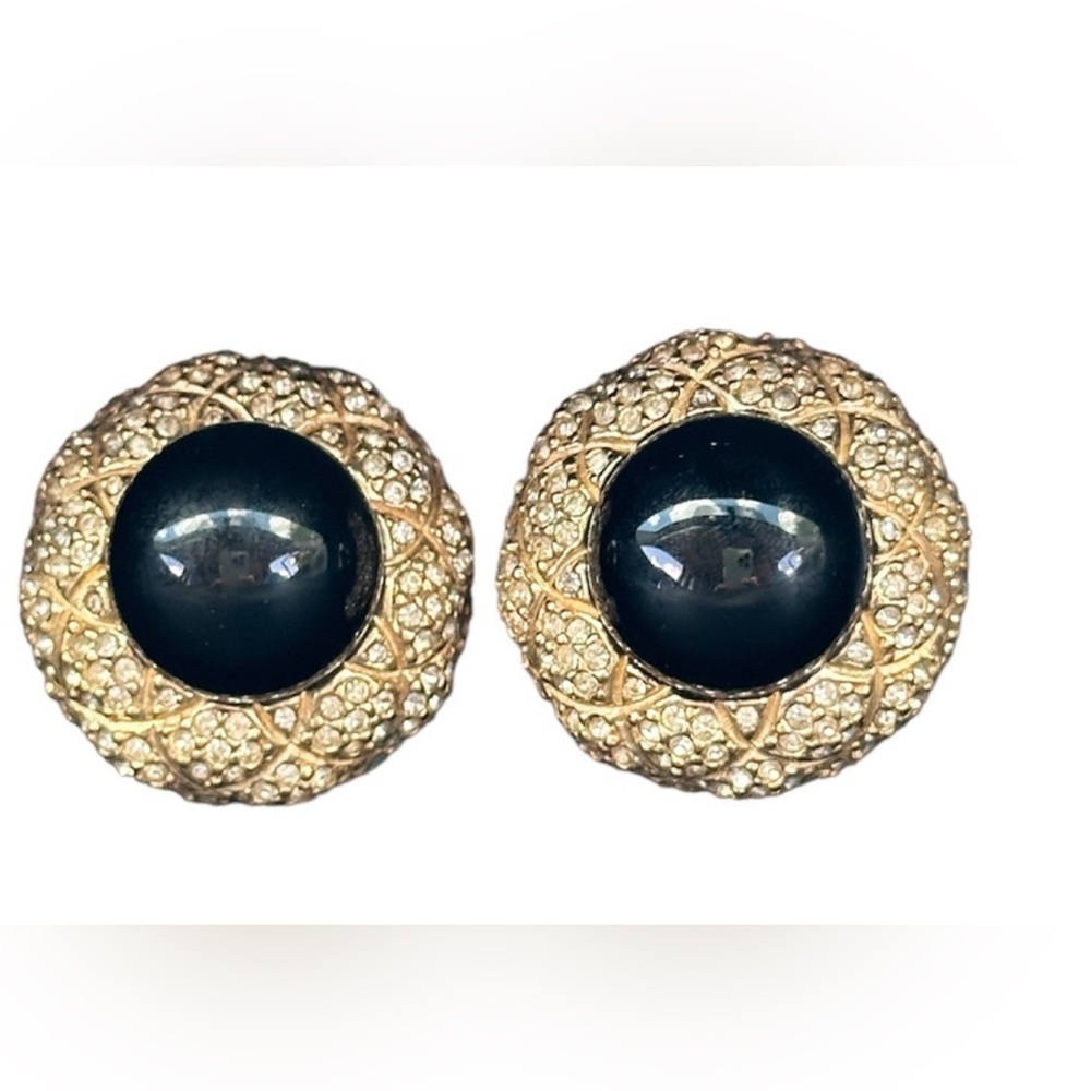 Ciner Gold Pavé Clip-On Earrings with Black Cabochon Centers